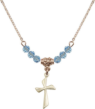 18" Hamilton Gold Plated Necklace with 4mm Aqua Crystal Beads featuring a 14kt Gold Filled Cross Medal.