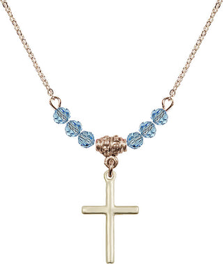 18" Hamilton Gold Plated Necklace with 4mm Aqua Crystal Beads featuring a 14kt Gold Filled Cross Medal.