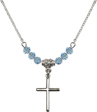 18" Rhodium Plated Necklace with 4mm Aqua Crystal Beads featuring a Sterling Silver Cross Medal.