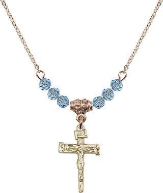 18" Hamilton Gold Plated Necklace with 4mm Aqua Crystal Beads featuring a 14kt Gold Filled Nail Crucifix Medal.