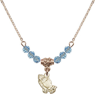 18" Hamilton Gold Plated Necklace with 4mm Aqua Crystal Beads featuring a 14kt Gold Filled Praying Hands Medal.