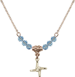 18" Hamilton Gold Plated Necklace with 4mm Aqua Crystal Beads featuring a 14kt Gold Filled Saint Brigid Cross Medal.