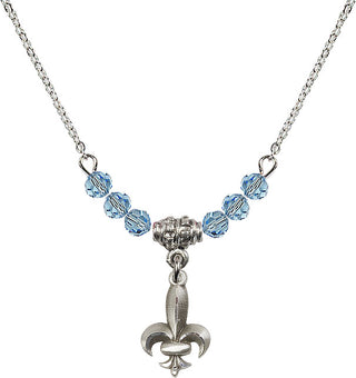 18" Rhodium Plated Necklace with 4mm Aqua Crystal Beads featuring a Sterling Silver Fleur de Lis Medal.