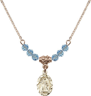 18" Hamilton Gold Plated Necklace with 4mm Aqua Crystal Beads featuring a 14kt Gold Filled Saint Ann Medal.