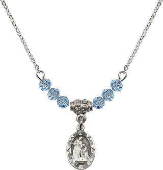 18" Rhodium Plated Necklace with 4mm Aqua Crystal Beads featuring a Sterling Silver Saint Ann Medal.