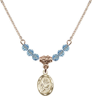 18" Hamilton Gold Plated Necklace with 4mm Aqua Crystal Beads featuring a 14kt Gold Filled Saint Christopher Medal.