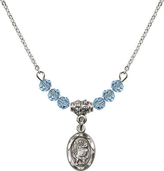 18" Rhodium Plated Necklace with 4mm Aqua Crystal Beads featuring a Sterling Silver Saint Christopher Medal.