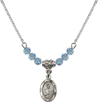 18" Rhodium Plated Necklace with 4mm Aqua Crystal Beads featuring a Sterling Silver Saint Jude Medal.