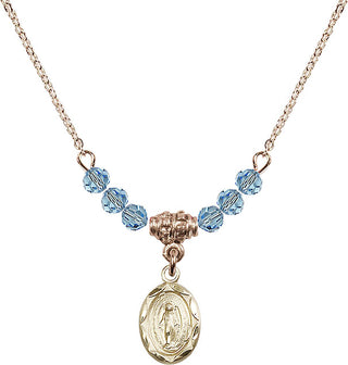 18" Hamilton Gold Plated Necklace with 4mm Aqua Crystal Beads featuring a 14kt Gold Filled Miraculous Medal.