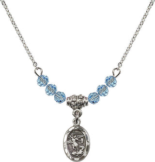 18" Rhodium Plated Necklace with 4mm Aqua Crystal Beads featuring a Sterling Silver Saint Michael the Archangel Medal.