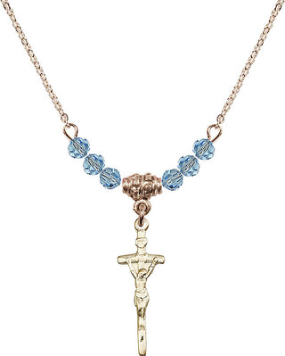 18" Hamilton Gold Plated Necklace with 4mm Aqua Crystal Beads featuring a 14kt Gold Filled Papal Crucifix Medal.