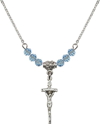 18" Rhodium Plated Necklace with 4mm Aqua Crystal Beads featuring a Sterling Silver Papal Crucifix Medal.