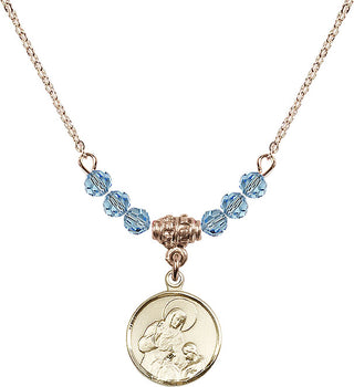 18" Hamilton Gold Plated Necklace with 4mm Aqua Crystal Beads featuring a 14kt Gold Filled Saint Ann Medal. Engraved Catholic Saint Jewelry