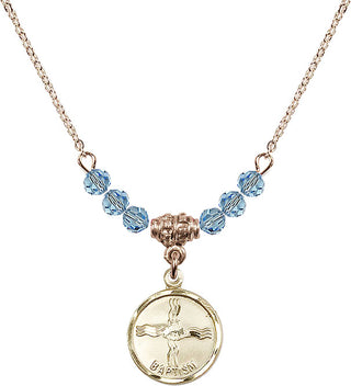 18" Hamilton Gold Plated Necklace with 4mm Aqua Crystal Beads featuring a 14kt Gold Filled Baptism Medal. Engraved Catholic Saint Jewelry