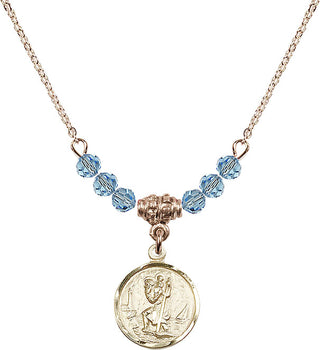 18" Hamilton Gold Plated Necklace with 4mm Aqua Crystal Beads featuring a 14kt Gold Filled Saint Christopher Medal. Engraved Catholic Saint Jewelry
