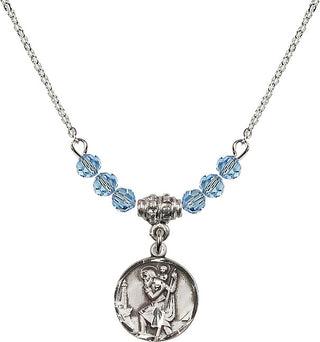 18" Rhodium Plated Necklace with 4mm Aqua Crystal Beads featuring a Sterling Silver Saint Christopher Medal. Engraved Catholic Saint Jewelry