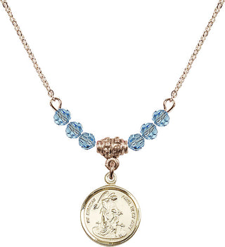 18" Hamilton Gold Plated Necklace with 4mm Aqua Crystal Beads featuring a 14kt Gold Filled Guardian Angel Medal. Engraved Catholic Saint Jewelry