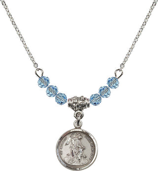 18" Rhodium Plated Necklace with 4mm Aqua Crystal Beads featuring a Sterling Silver Guardian Angel Medal. Engraved Catholic Saint Jewelry