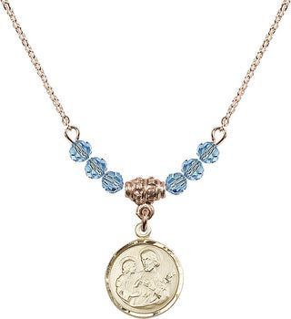 18" Hamilton Gold Plated Necklace with 4mm Aqua Crystal Beads featuring a 14kt Gold Filled Saint Joseph Medal. Engraved Catholic Saint Jewelry
