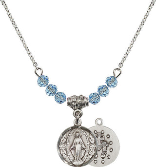 18" Rhodium Plated Necklace with 4mm Aqua Crystal Beads featuring a Sterling Silver Miraculous Medal.