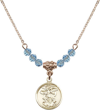18" Hamilton Gold Plated Necklace with 4mm Aqua Crystal Beads featuring a 14kt Gold Filled Saint Michael the Archangel Medal.