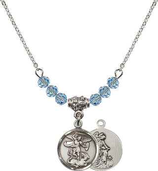 18" Rhodium Plated Necklace with 4mm Aqua Crystal Beads featuring a Sterling Silver Saint Michael the Archangel Medal.
