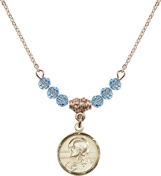 18" Hamilton Gold Plated Necklace with 4mm Aqua Crystal Beads featuring a 14kt Gold Filled Scapular Medal.