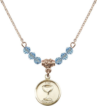 18" Hamilton Gold Plated Necklace with 4mm Aqua Crystal Beads featuring a 14kt Gold Filled Communion Medal. Engraved Catholic Saint Jewelry