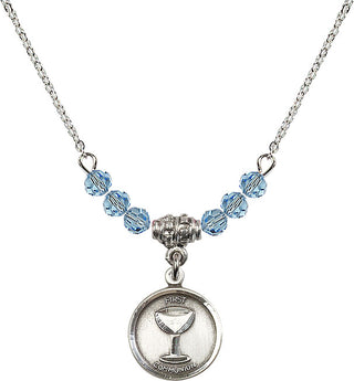 18" Rhodium Plated Necklace with 4mm Aqua Crystal Beads featuring a Sterling Silver Communion Medal. Engraved Catholic Saint Jewelry