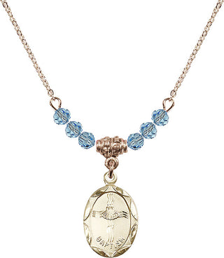 18" Hamilton Gold Plated Necklace with 4mm Aqua Crystal Beads featuring a 14kt Gold Filled Baptism Medal. Engraved Catholic Saint Jewelry