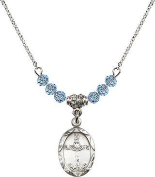 18" Rhodium Plated Necklace with 4mm Aqua Crystal Beads featuring a Sterling Silver Baptism Medal. Engraved Catholic Saint Jewelry