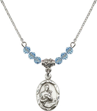 18" Rhodium Plated Necklace with 4mm Aqua Crystal Beads featuring a Sterling Silver Saint Gerard Medal. Engraved Catholic Saint Jewelry