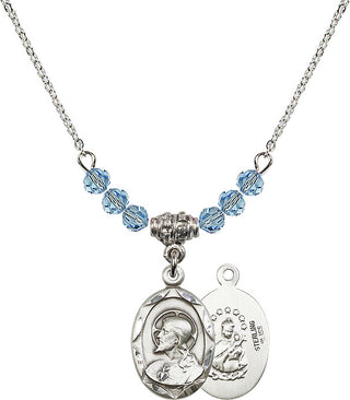 18" Rhodium Plated Necklace with 4mm Aqua Crystal Beads featuring a Sterling Silver Scapular Medal.