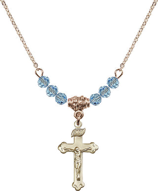 18" Hamilton Gold Plated Necklace with 4mm Aqua Crystal Beads featuring a 14kt Gold Filled Crucifix Medal.
