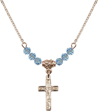 18" Hamilton Gold Plated Necklace with 4mm Aqua Crystal Beads featuring a 14kt Gold Filled Cross Medal.
