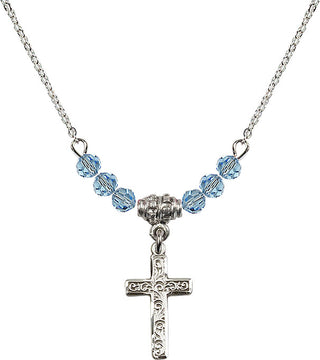 18" Rhodium Plated Necklace with 4mm Aqua Crystal Beads featuring a Sterling Silver Cross Medal.
