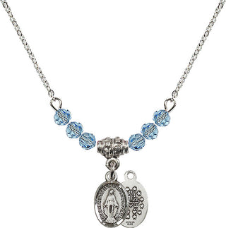 18" Rhodium Plated Necklace with 4mm Aqua Crystal Beads featuring a Sterling Silver Miraculous Medal.