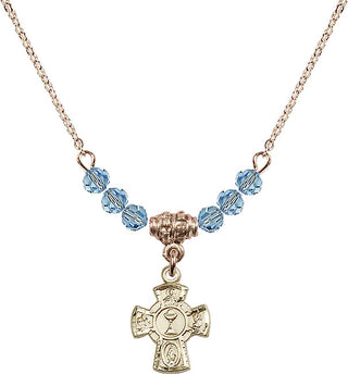 18" Hamilton Gold Plated Necklace with 4mm Aqua Crystal Beads featuring a 14kt Gold Filled 5-Way / Chalice Medal.