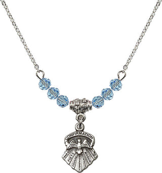 18" Rhodium Plated Necklace with 4mm Aqua Crystal Beads featuring a Sterling Silver Seven Gifts Medal.