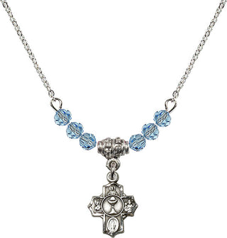 18" Rhodium Plated Necklace with 4mm Aqua Crystal Beads featuring a Sterling Silver Communion 5-Way Medal.