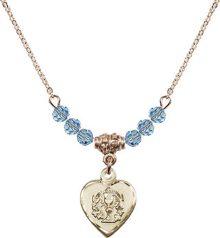 18" Hamilton Gold Plated Necklace with 4mm Aqua Crystal Beads featuring a 14kt Gold Filled Heart / Communion Medal.