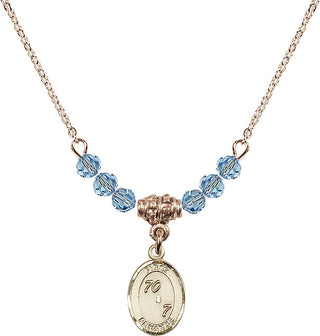 18" Hamilton Gold Plated Necklace with 4mm Aqua Crystal Beads featuring a 14kt Gold Filled First Penance Medal.