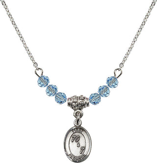 18" Rhodium Plated Necklace with 4mm Aqua Crystal Beads featuring a Sterling Silver First Penance Medal.