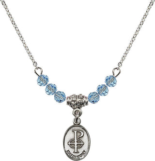 18" Rhodium Plated Necklace with 4mm Aqua Crystal Beads featuring a Sterling Silver Matrimony Medal.