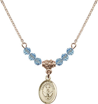 18" Hamilton Gold Plated Necklace with 4mm Aqua Crystal Beads featuring a 14kt Gold Filled Confirmation Medal.