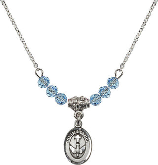 18" Rhodium Plated Necklace with 4mm Aqua Crystal Beads featuring a Sterling Silver Confirmation Medal.