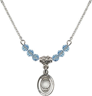 18" Rhodium Plated Necklace with 4mm Aqua Crystal Beads featuring a Sterling Silver Baptism Medal.