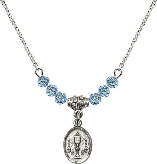 18" Rhodium Plated Necklace with 4mm Aqua Crystal Beads featuring a Sterling Silver Chalice Medal.