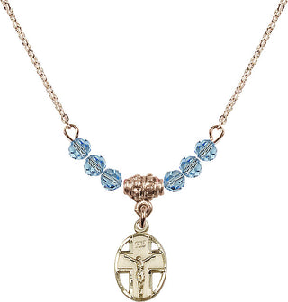 18" Hamilton Gold Plated Necklace with 4mm Aqua Crystal Beads featuring a 14kt Gold Filled Crucifix Medal.