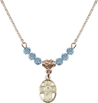 18" Hamilton Gold Plated Necklace with 4mm Aqua Crystal Beads featuring a 14kt Gold Filled 5-Way / Chalice Medal.